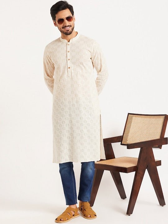 off white Ethnic Motifs Embroidered Cotton Straight Kurta - Inddus.com