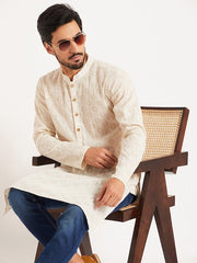 off white Ethnic Motifs Embroidered Cotton Straight Kurta - Inddus.com