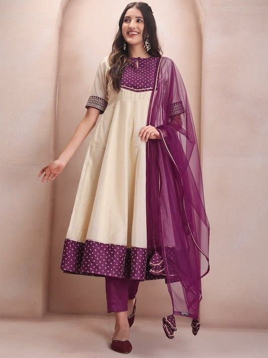 Off White Ethnic Motifs Printed Gotta Patti Anarkali Kurta with Trousers & Dupatta - Inddus.com