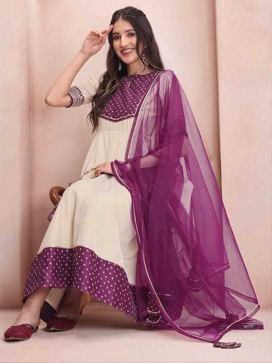 Off White Ethnic Motifs Printed Gotta Patti Anarkali Kurta with Trousers & Dupatta - Inddus.com