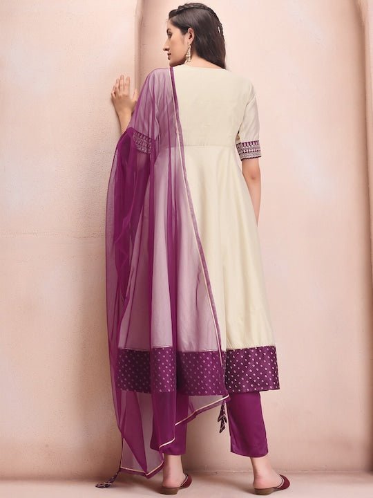 Off White Ethnic Motifs Printed Gotta Patti Anarkali Kurta with Trousers & Dupatta - Inddus.com