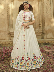 Off White Georgette Embroidered Lehenga Choli - Inddus.com