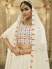 Off White Georgette Embroidered Lehenga Choli - Inddus.com