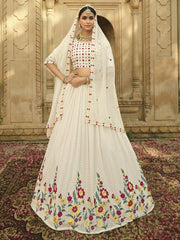 Off White Georgette Embroidered Lehenga Choli - Inddus.com