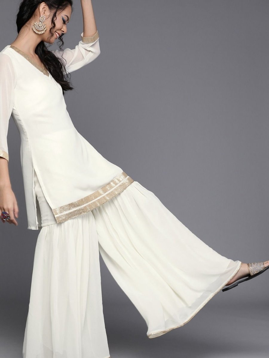 Off White Georgette Solid Sharara Suit - inddus-us