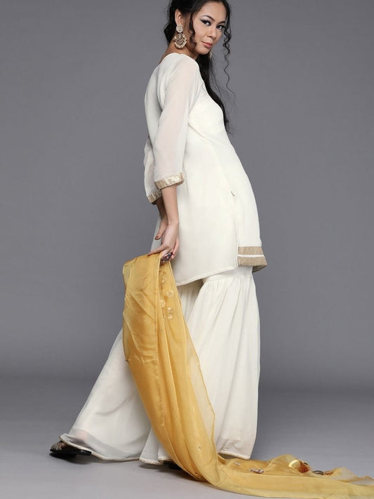 Off White Georgette Solid Sharara Suit - inddus-us