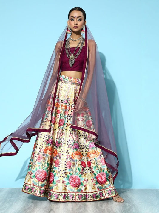 Off White Lehenga with Blouse and Dupatta - Inddus.com