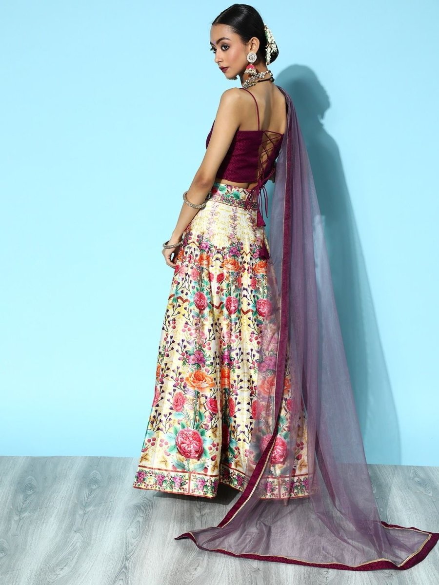 Off White Lehenga with Blouse and Dupatta - Inddus.com