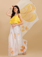 Off White & Mustard Printed Organza Saree - Inddus.com