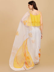 Off White & Mustard Printed Organza Saree - Inddus.com