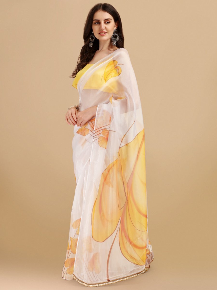 Off White & Mustard Printed Organza Saree - Inddus.com