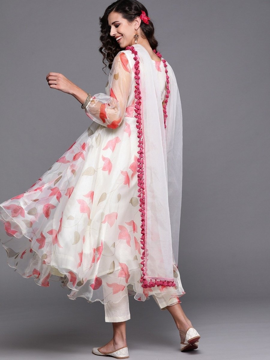 Off White Printed Kurta with Pants and Dupatta - Inddus.com