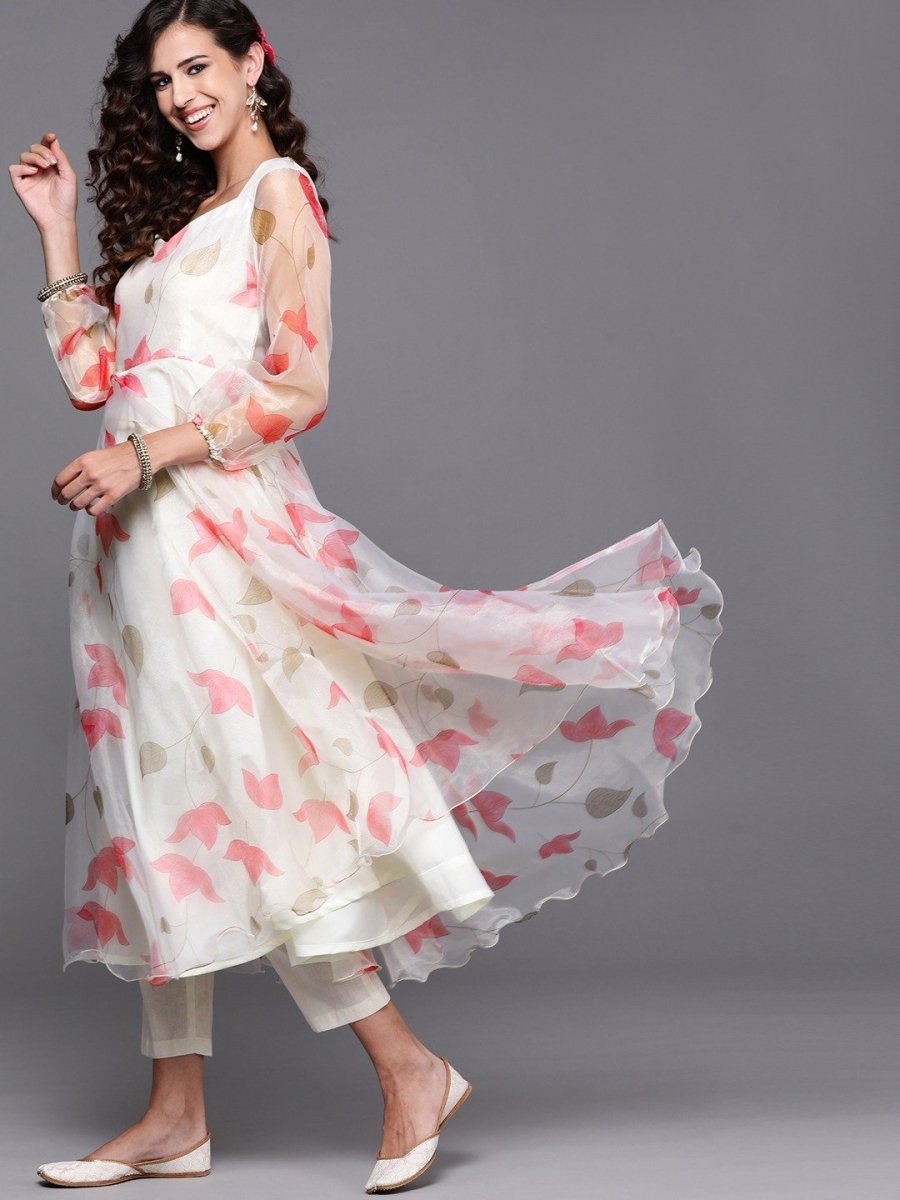 Off White Printed Kurta with Pants and Dupatta - Inddus.com