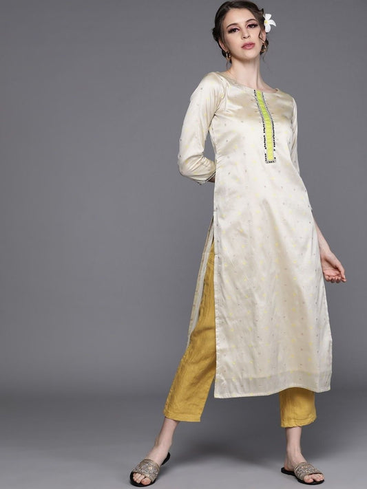 Off White Silk Blend Polka Dots Kurta - Inddus.com