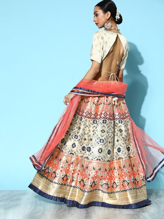 Off White Woven Lehenga with Blouse and Dupatta - Inddus.com