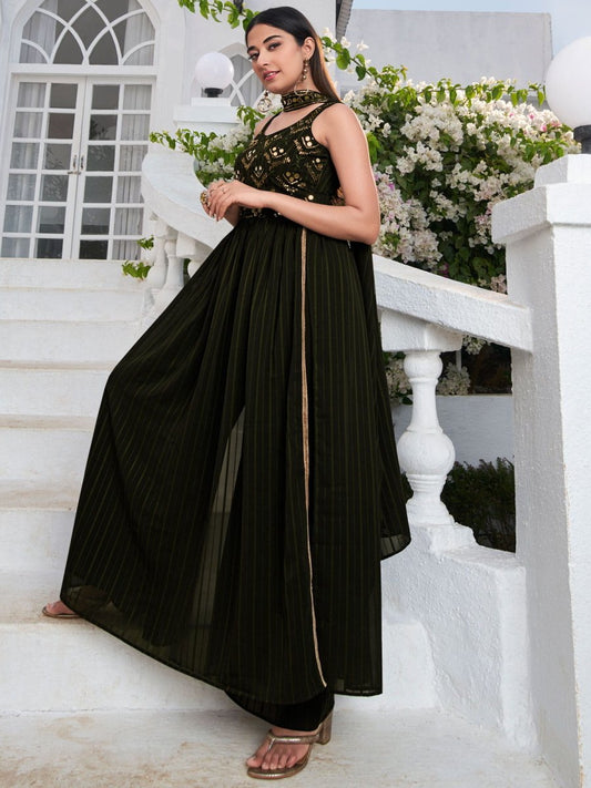 Olive Georgette Partywear Palazzo-Suit - Inddus.com