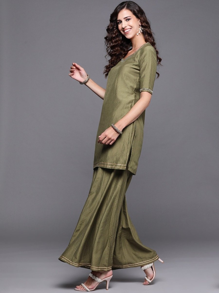 Olive Green Kurta with Sharara and Organza Dupatta - Inddus.com