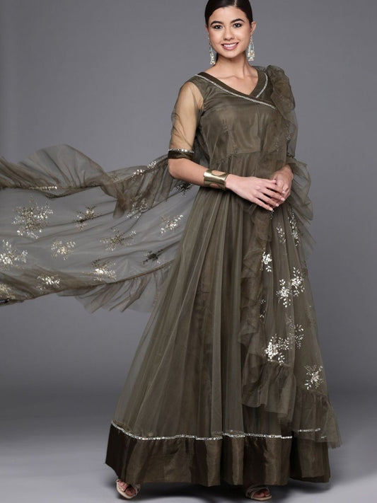 Olive Green Net Embroidered Kurta with Net Dupatta - Inddus.com