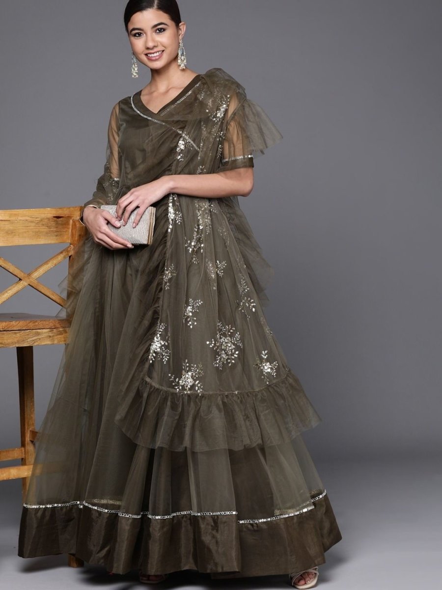 Olive Green Net Embroidered Kurta with Net Dupatta - Inddus.com