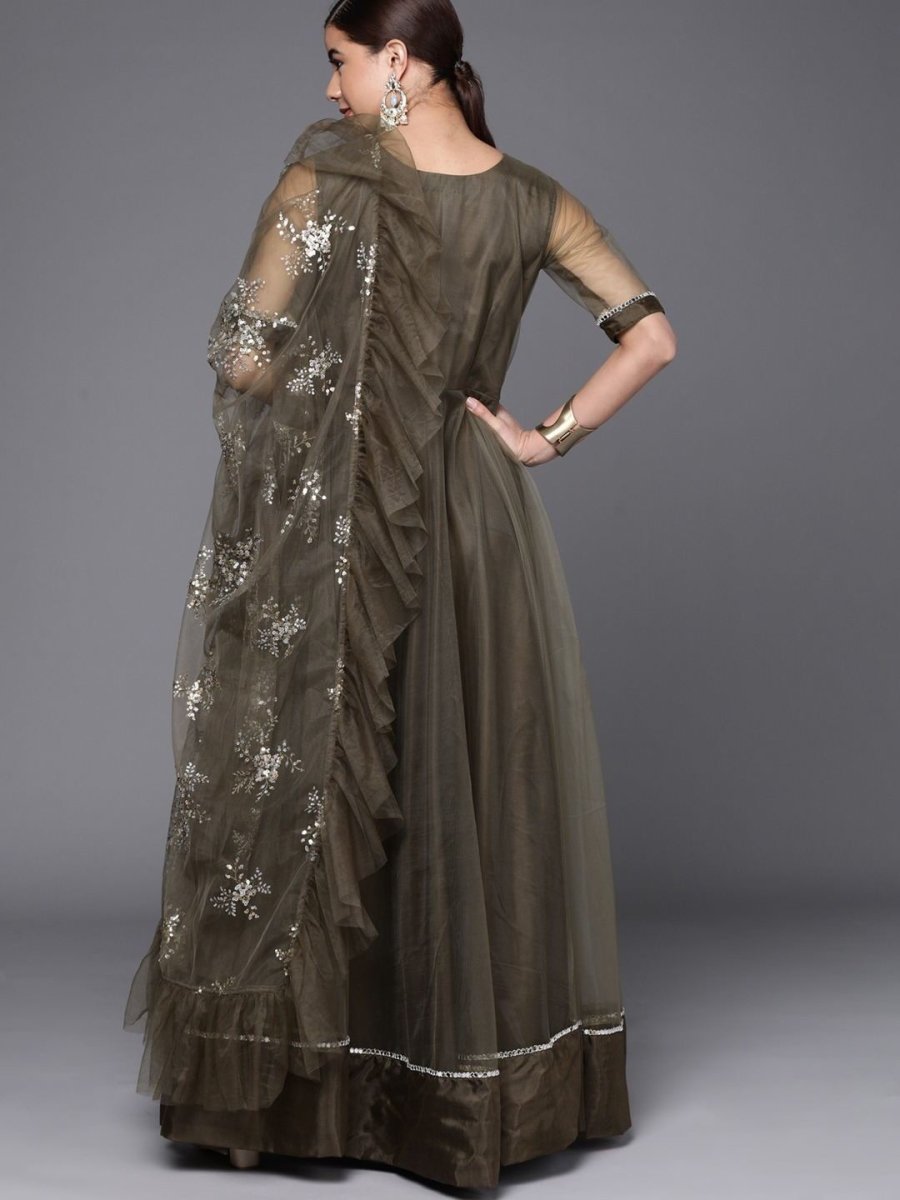 Olive Green Net Embroidered Kurta with Net Dupatta - Inddus.com