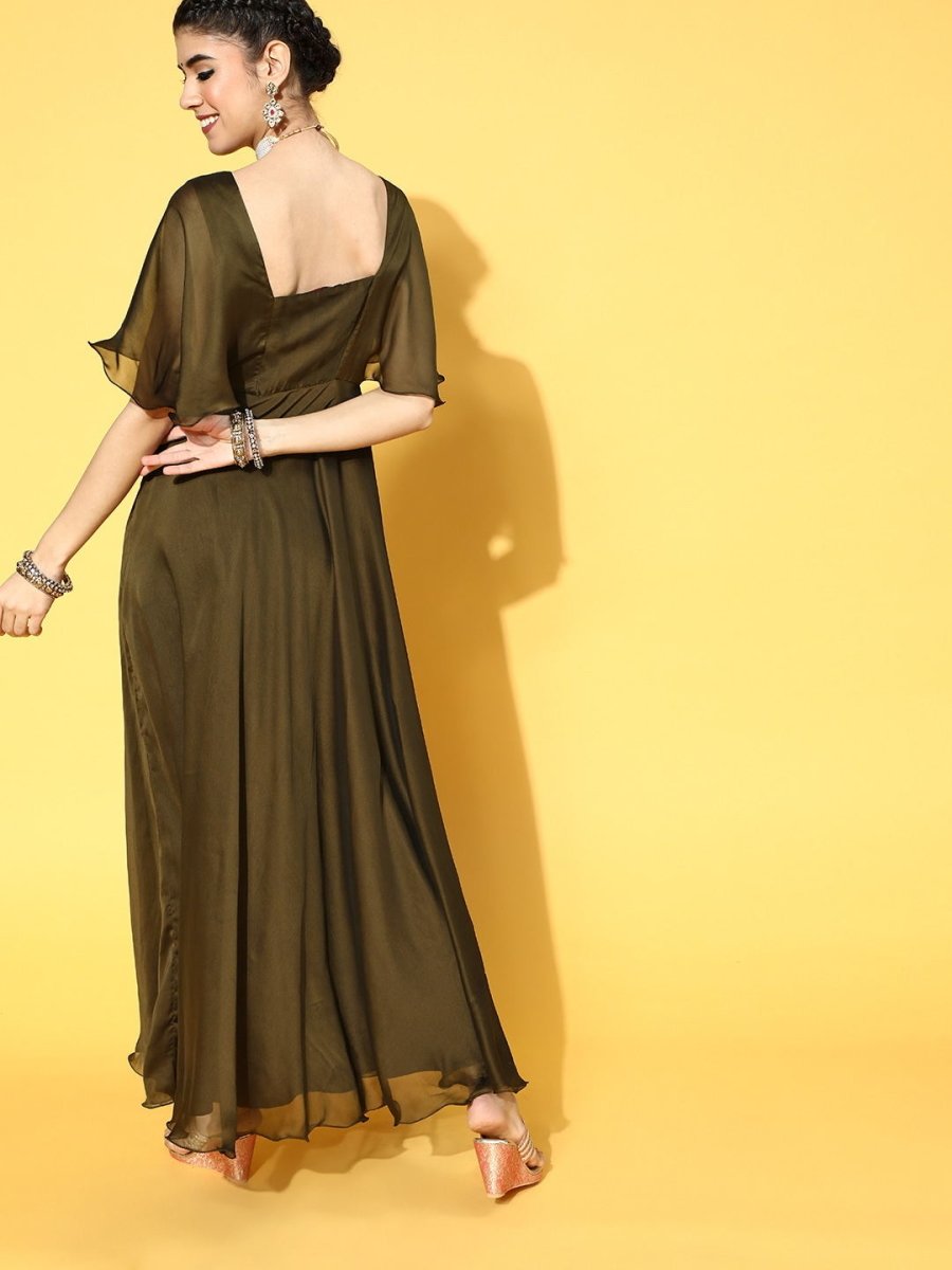 Olive Poly Silk Partywear Solid Dresses - Inddus.com