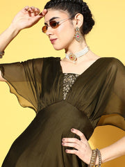 Olive Poly Silk Partywear Solid Dresses - Inddus.com