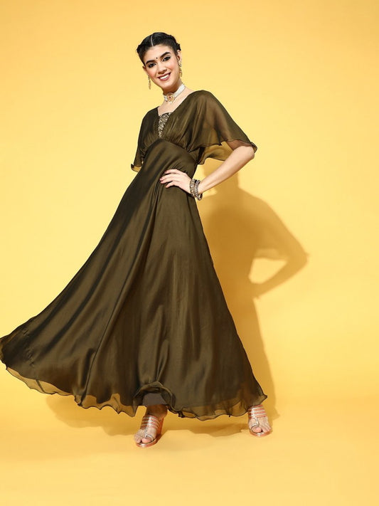 Olive Poly Silk Partywear Solid Dresses - Inddus.com