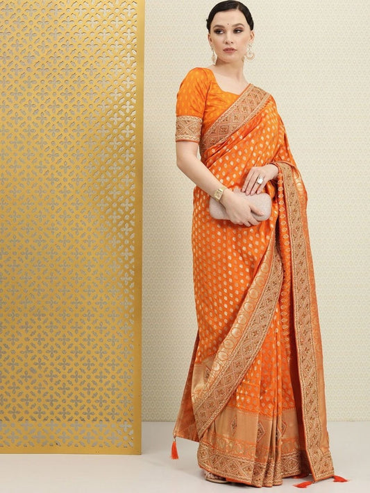 Orange and Mustard Zari Woven Saree - inddus-us