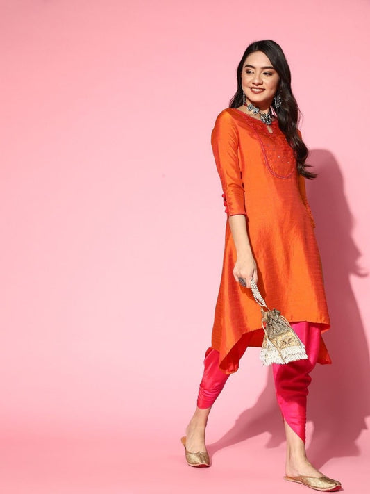 Orange and Pink Dual Tone Yoke Embroidered Kurta with Dhoti Pants - Inddus.com