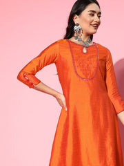 Orange and Pink Dual Tone Yoke Embroidered Kurta with Dhoti Pants - Inddus.com