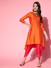 Orange and Pink Dual Tone Yoke Embroidered Kurta with Dhoti Pants - Inddus.com