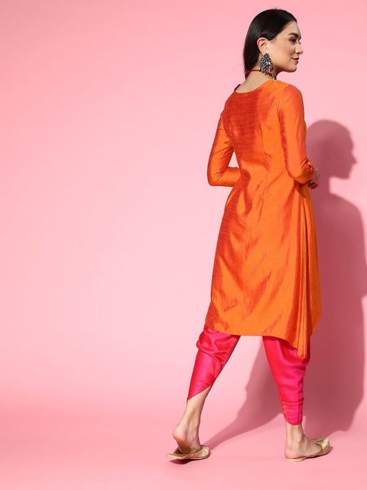 Orange and Pink Dual Tone Yoke Embroidered Kurta with Dhoti Pants - Inddus.com