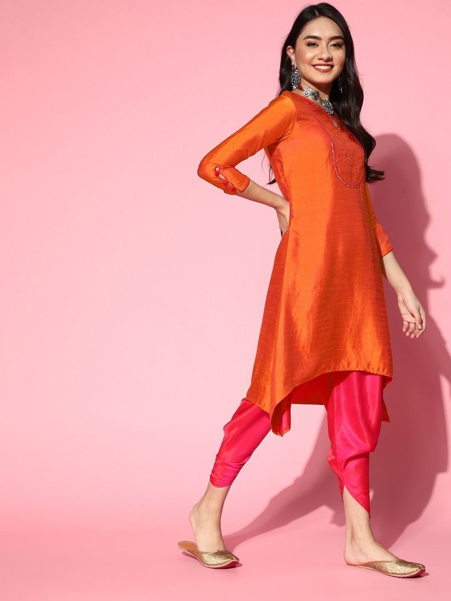 Orange and Pink Dual Tone Yoke Embroidered Kurta with Dhoti Pants - Inddus.com