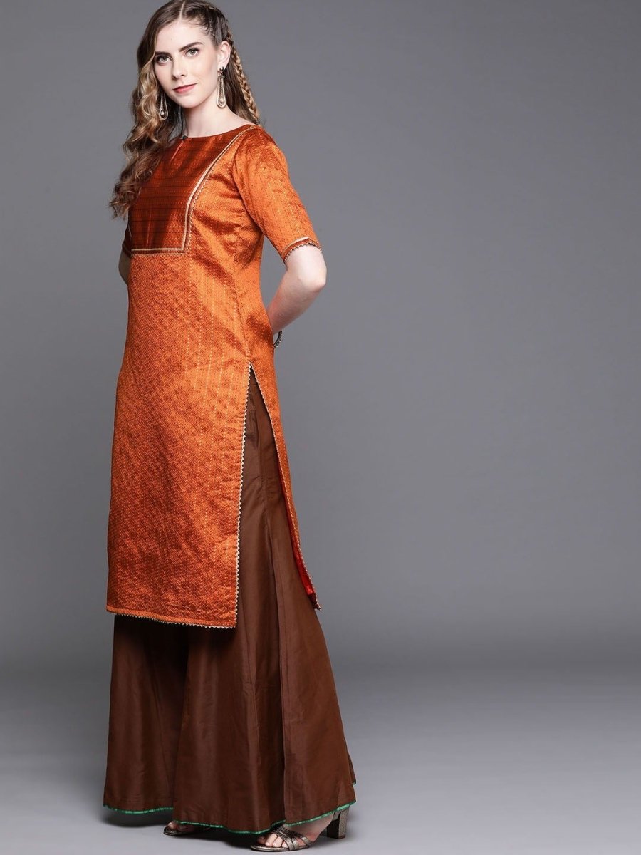 Orange Brocade Woven Kurta - Inddus.com