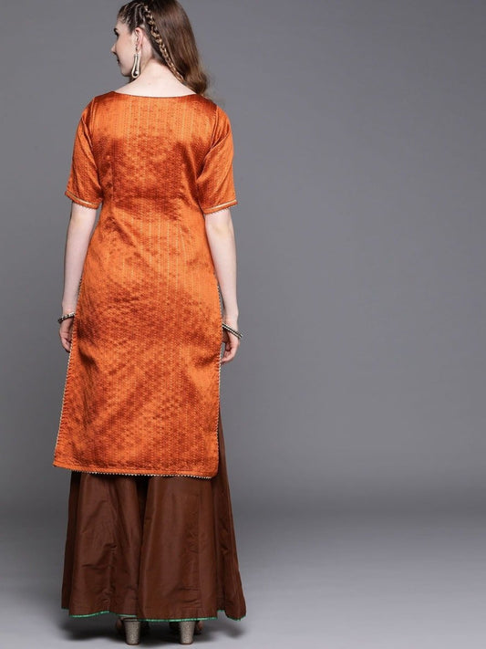 Orange Brocade Woven Kurta - Inddus.com