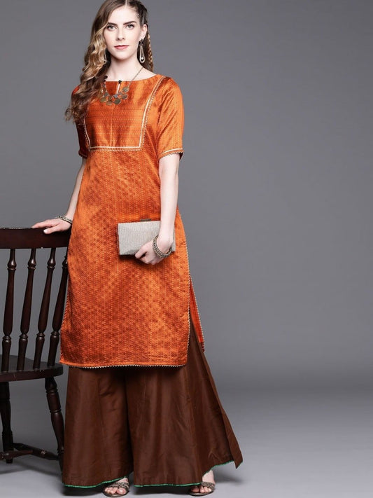 Orange Brocade Woven Kurta - Inddus.com