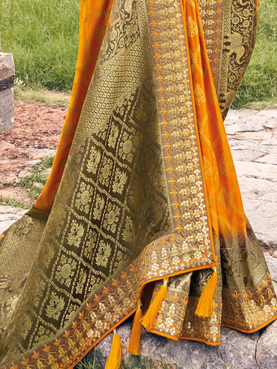 Orange Dola Silk Embroiderd Saree - Inddus.com