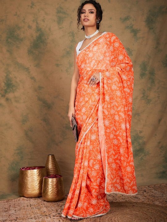 Orange Floral Printed Saree