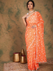 Orange Floral Printed Saree - Inddus.com