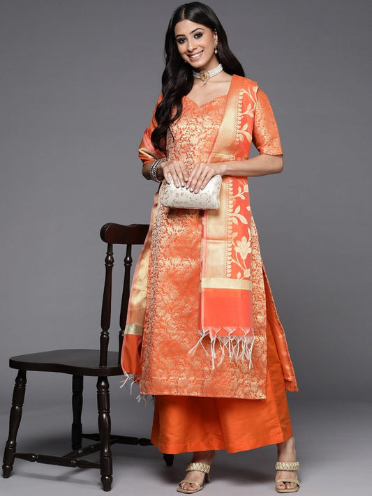 Orange & Gold-Toned Unstitched Dress Material - Inddus.com