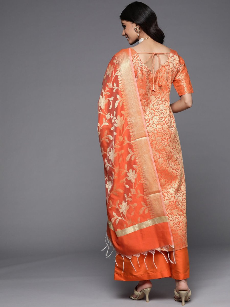 Orange & Gold-Toned Unstitched Dress Material - Inddus.com