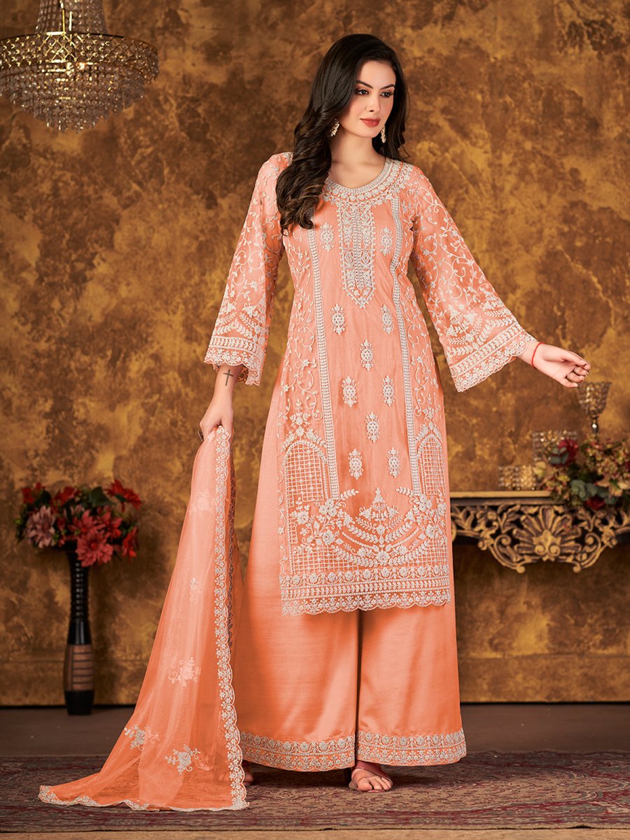 Orange Net Partywear Palazzo Suit - Inddus.com