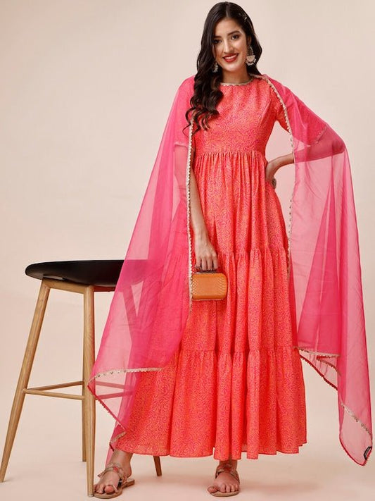 Orange & Pink Floral Printed Gotta Patti Tiered Kurta With Dupatta - Inddus.com