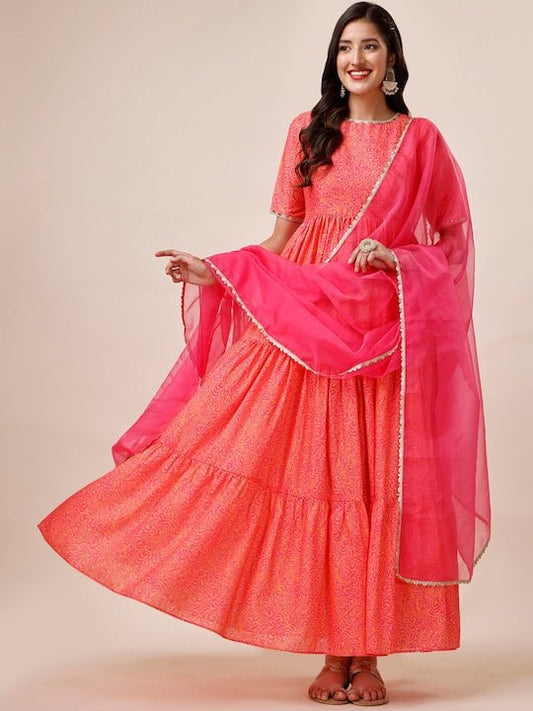 Orange & Pink Floral Printed Gotta Patti Tiered Kurta With Dupatta - Inddus.com