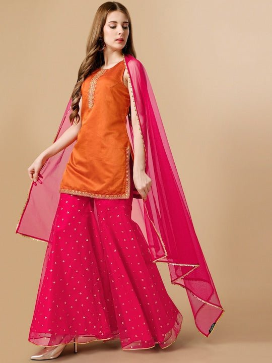 Orange Sequinned Chanderi Cotton Kurta & Sharara With Dupatta - Inddus.com