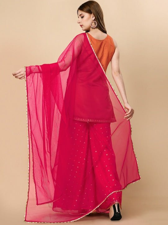 Orange Sequinned Chanderi Cotton Kurta & Sharara With Dupatta - Inddus.com