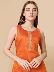 Orange Sequinned Chanderi Cotton Kurta & Sharara With Dupatta - Inddus.com