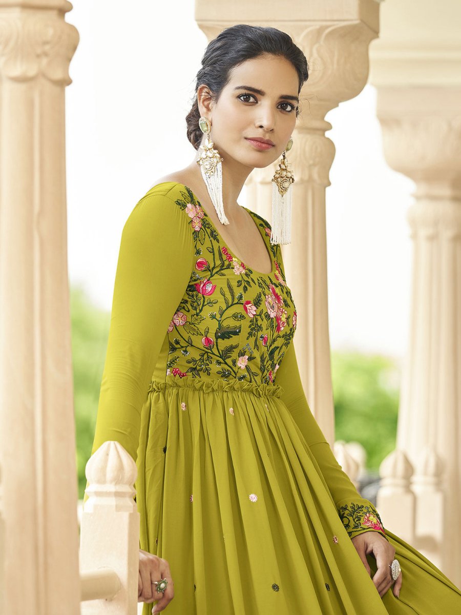 Outstanding Green Georgette Wedding Gown - Inddus.com