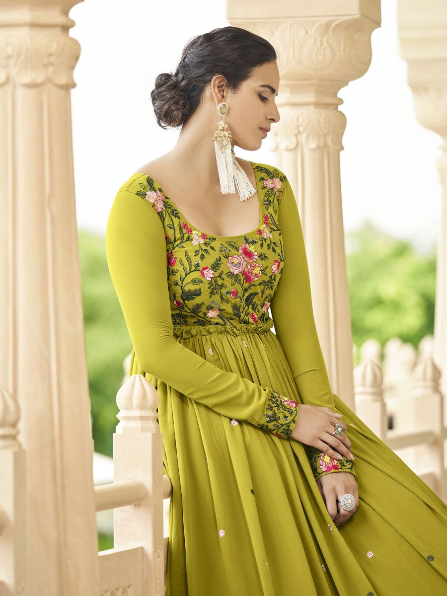 Outstanding Green Georgette Wedding Gown - Inddus.com