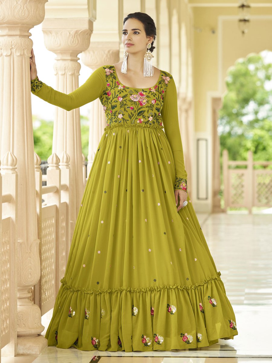 Outstanding Green Georgette Wedding Gown - Inddus.com